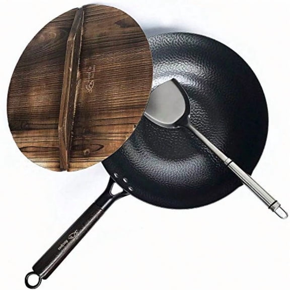 12.5 Inch Carbon Steel Wok For Electric Induction and Gas Stoves Lid Spatula and User Guide Video Included