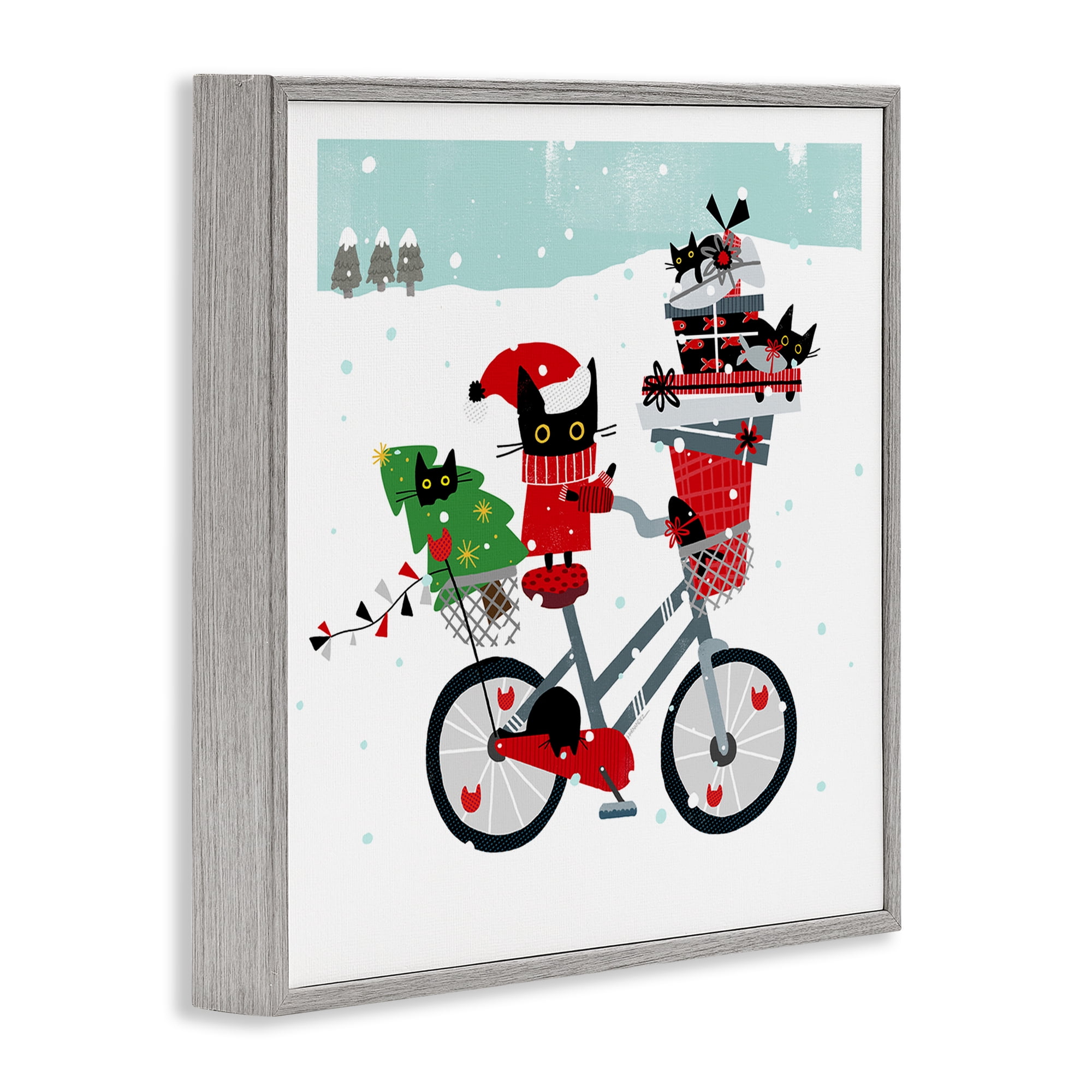 Stupell Industries Holiday Catmas Bicycle Holiday Painting Gray Framed Art Prints Wall Art, 17 x 17