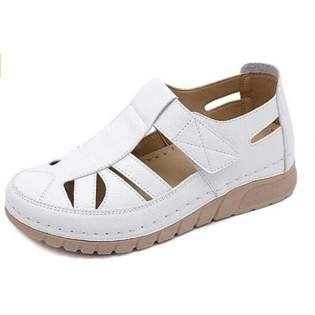 

Womens Soft Leather Sandals Flat Shoes Hollow Closed Toe Sandals Size 7