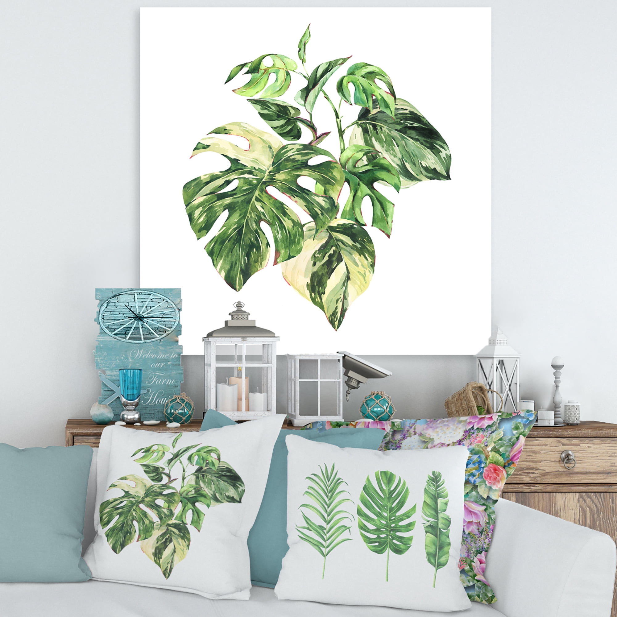 Designart ' Tropical Green Leaves On White In Summer Times I ' Tropical Canvas Wall Art Print