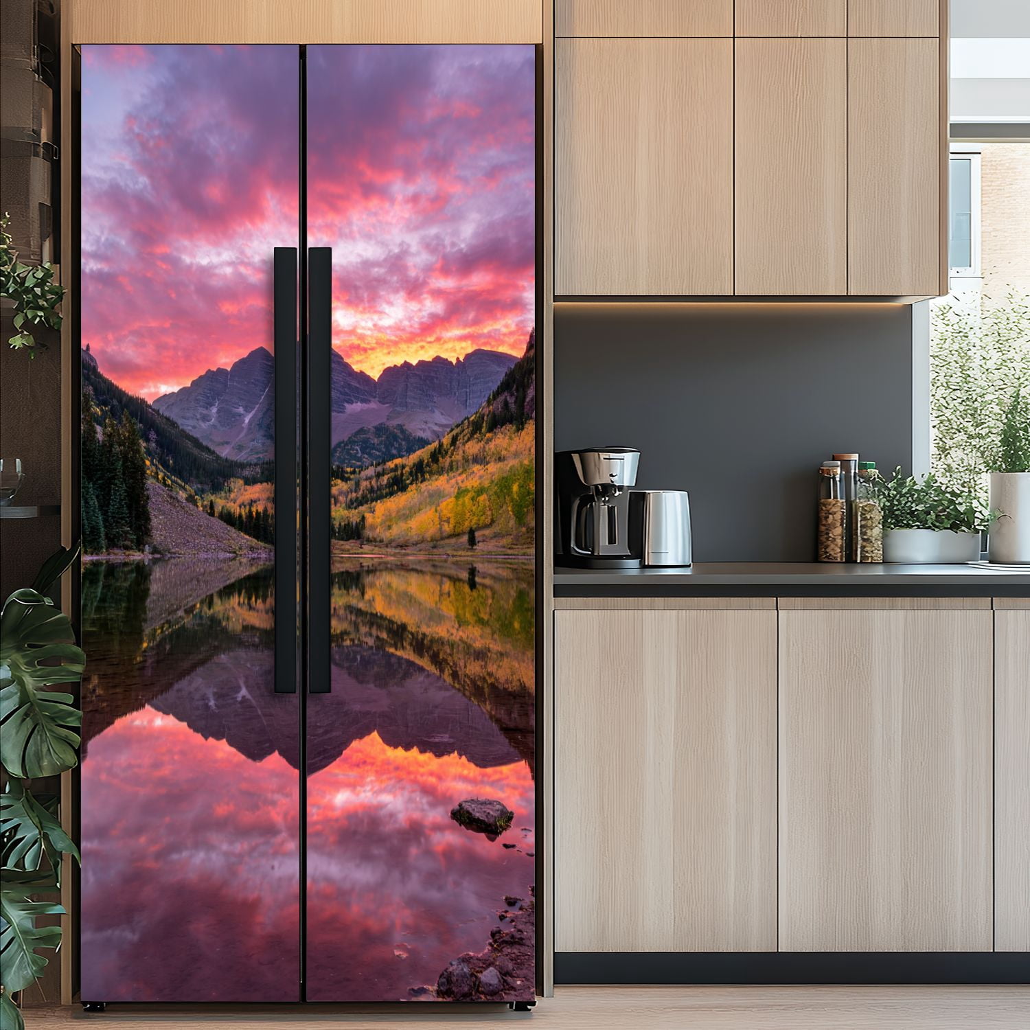 Self Adhesive Vinyl Refrigerator Wrap Set Maroon Bells autumn aspen trees lake reflections Aspen Door Mural Removable Fridge Sticker Peel and Stick&nbsp;Full Door Cover Decal Kitchen Bar Decor