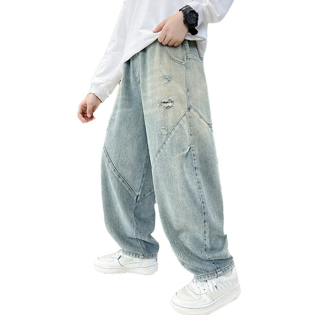 Jeans Garçon Enfant Garçons Style Rétro de Rue Jeans Amples Jambe Droite Taille Élastique Denim Usé Déchiré Pantalon avec Poches Pantalon Printemps Enfant Bleu 6 Ans-7 Ans