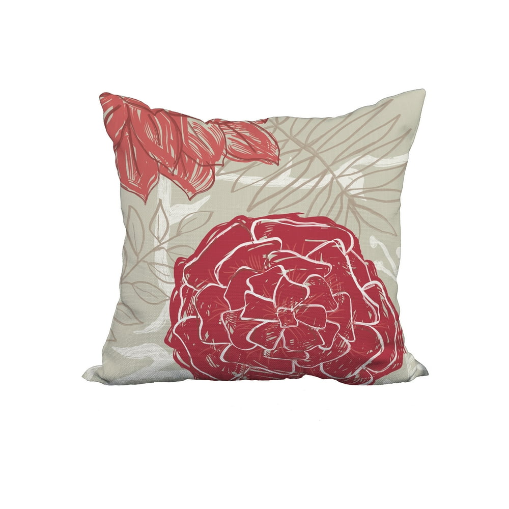 18 x 18 Inch Red Floral Print Decorative Polyester Throw Pillow with a