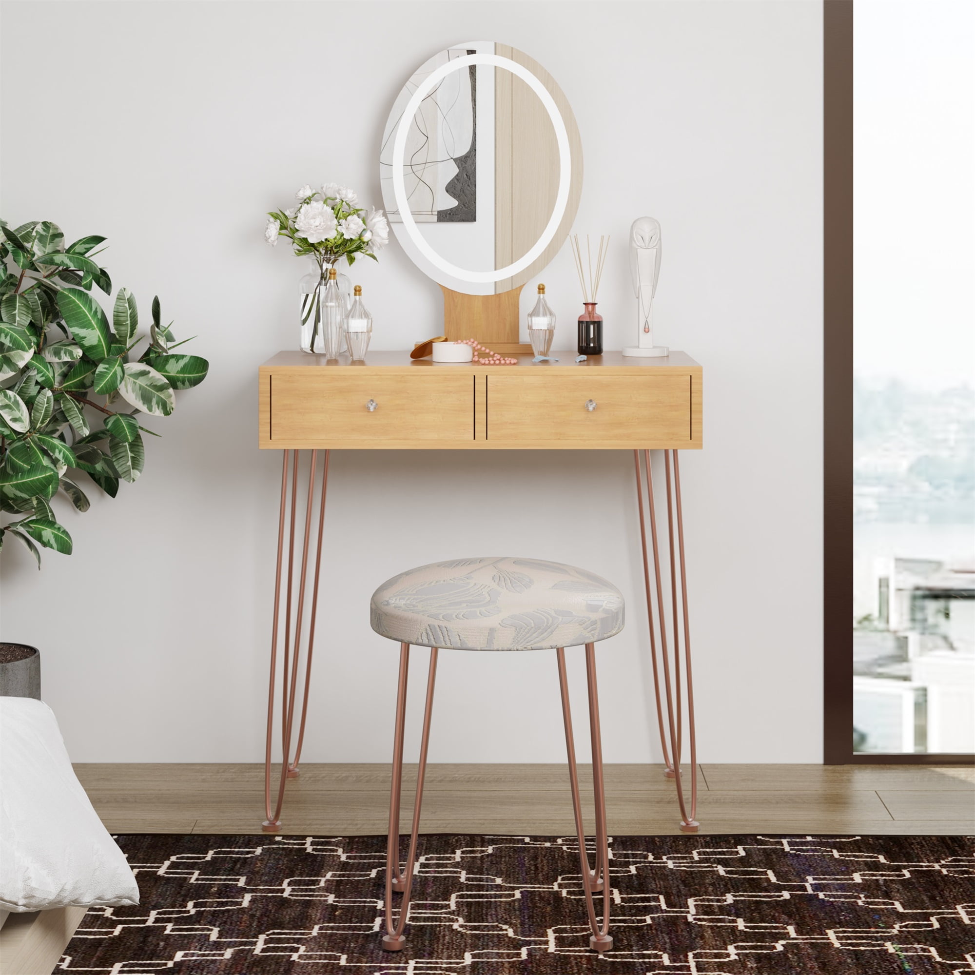 Spaco Modern Dressing Table with 3 Color Lighting Brightness Adjustable, Vanity Desk with 2 Wood Cosmetic Table Chest of Drawers and Gray Padded Stool, Nature Spaco Modern Dressing Table with 3 Color Lighting Brightness Adjustable, Vanity Desk with 2 Wood Cosmetic Table Chest of Drawers and Gray Padded Stool, Nature