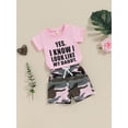 thumbnail image 2 of Suealasg Toddler Girl Summer 2Pcs Outfits Set 1T 2T 3T Short Sleeve Letter Print Tops + Camouflage Print Shorts Beach Party Clothes for Baby Girls, 2 of 7