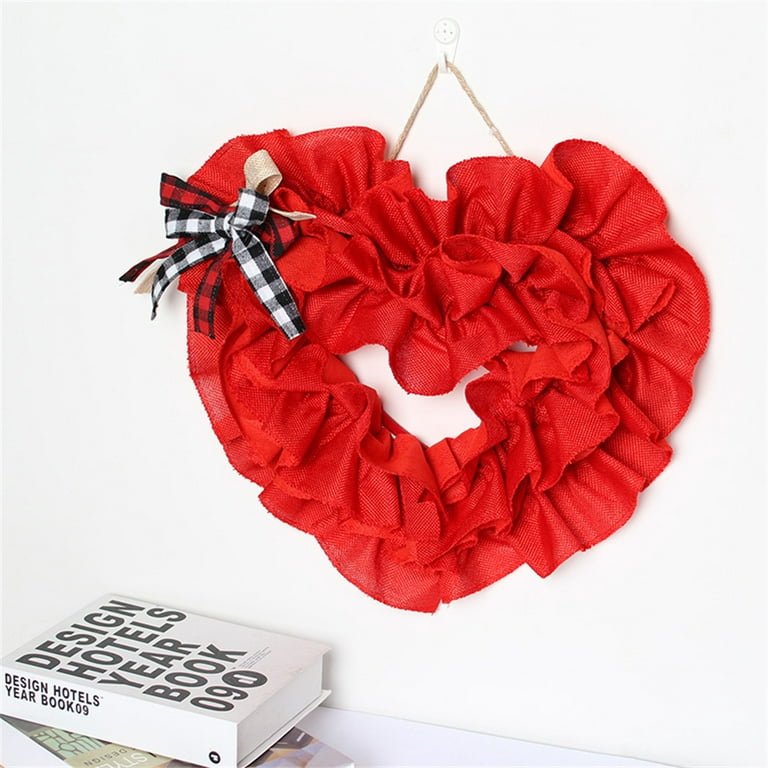 14 Inch Valentines Day Wreath Decorations, Burlap Heart Shaped