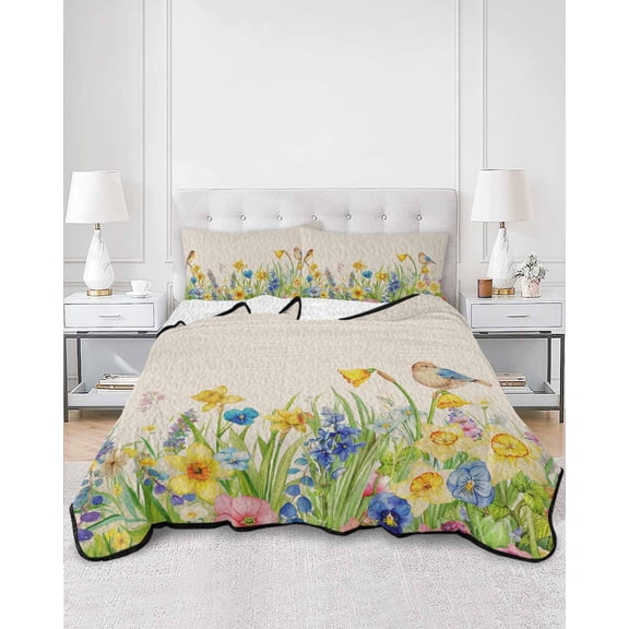 Quilts Twin Size, Spring Floral Soft Comforter Bedding Set for Bed, Farmhouse Birds Summer Botanical Lightweight Quilted Bedspread with Pillow Cover(2 Pieces) for All Season, 68x86 Inch