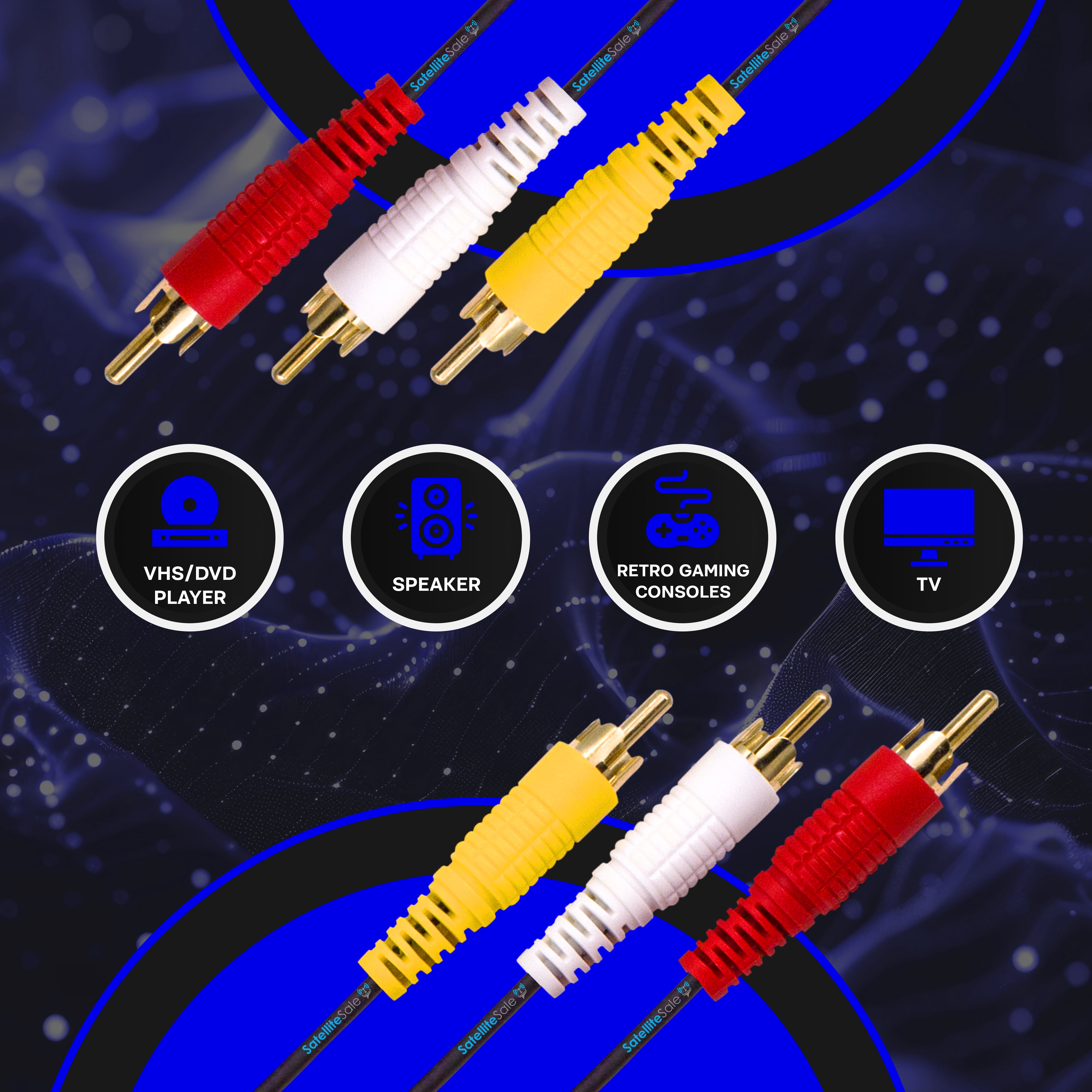 SatelliteSale 3 Male to 3 Male RCA Audio Video AV Composite Cable Universal Wire PVC for TVs, Speaker, Retro Gaming Consoles, Black Cord 100 feet