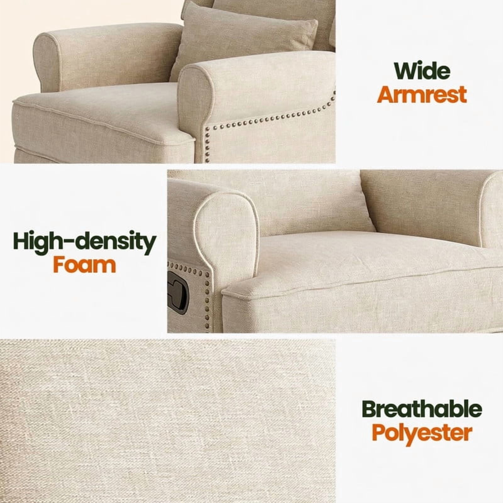 34.25" Extra Wide Swivel Recliner Glider Chair with Rocking, Lounge Chair with Pull-Out Footrest, Waterproof Fabric, Tool-Free Assembly