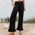 thumbnail image 2 of Linen Pants Women Smocked High Waisted Wide Leg Cropped Palazzo Pants with Pockets Flowy Boho Ruffle Ankle Beach Pant Black M, 2 of 6