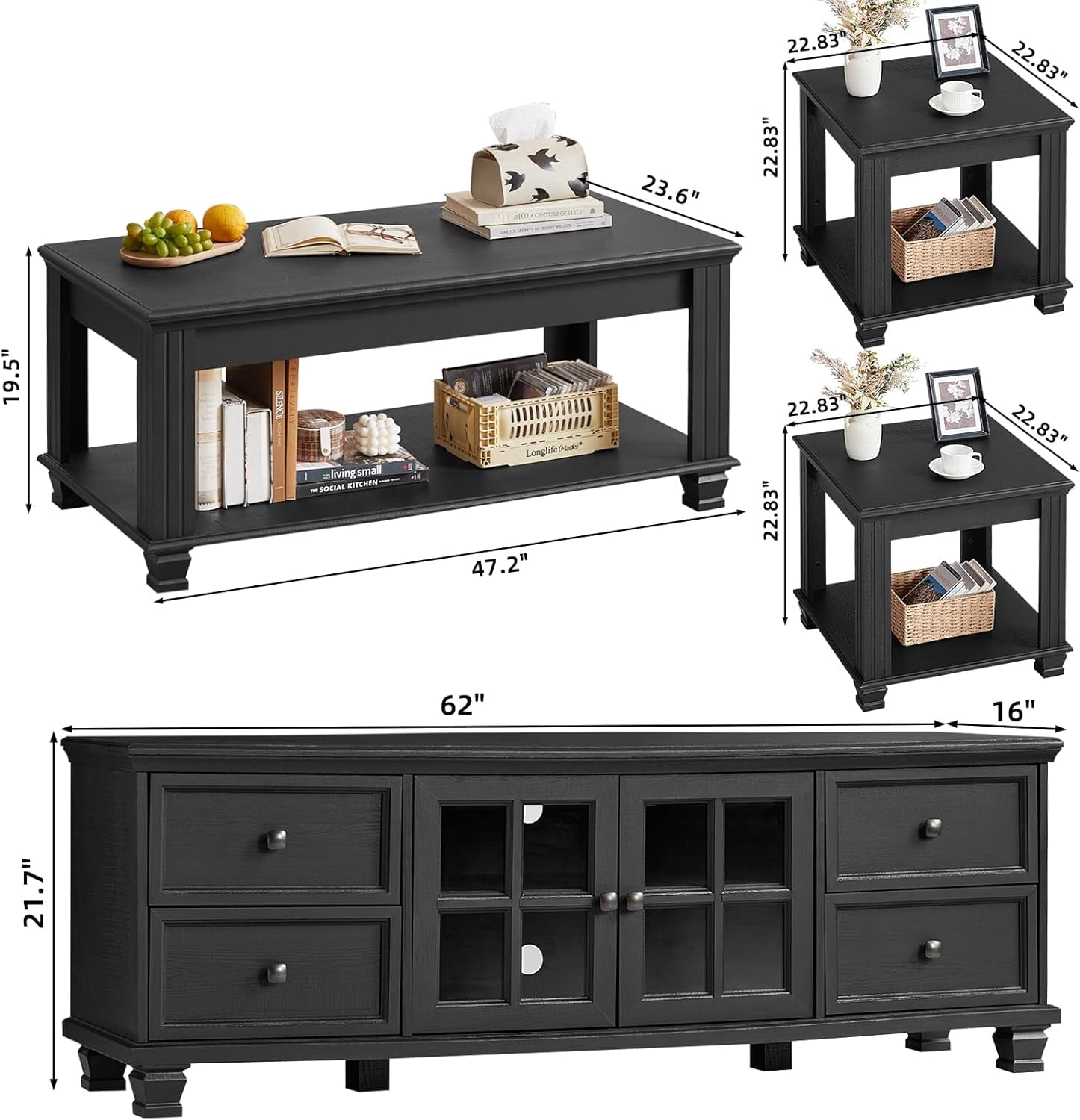 LELELINKY Wood 3-Piece Table Sets Includes TV Stand, Coffee Table, and 2 End Tables Home Accent Furniture for Living Room, Black