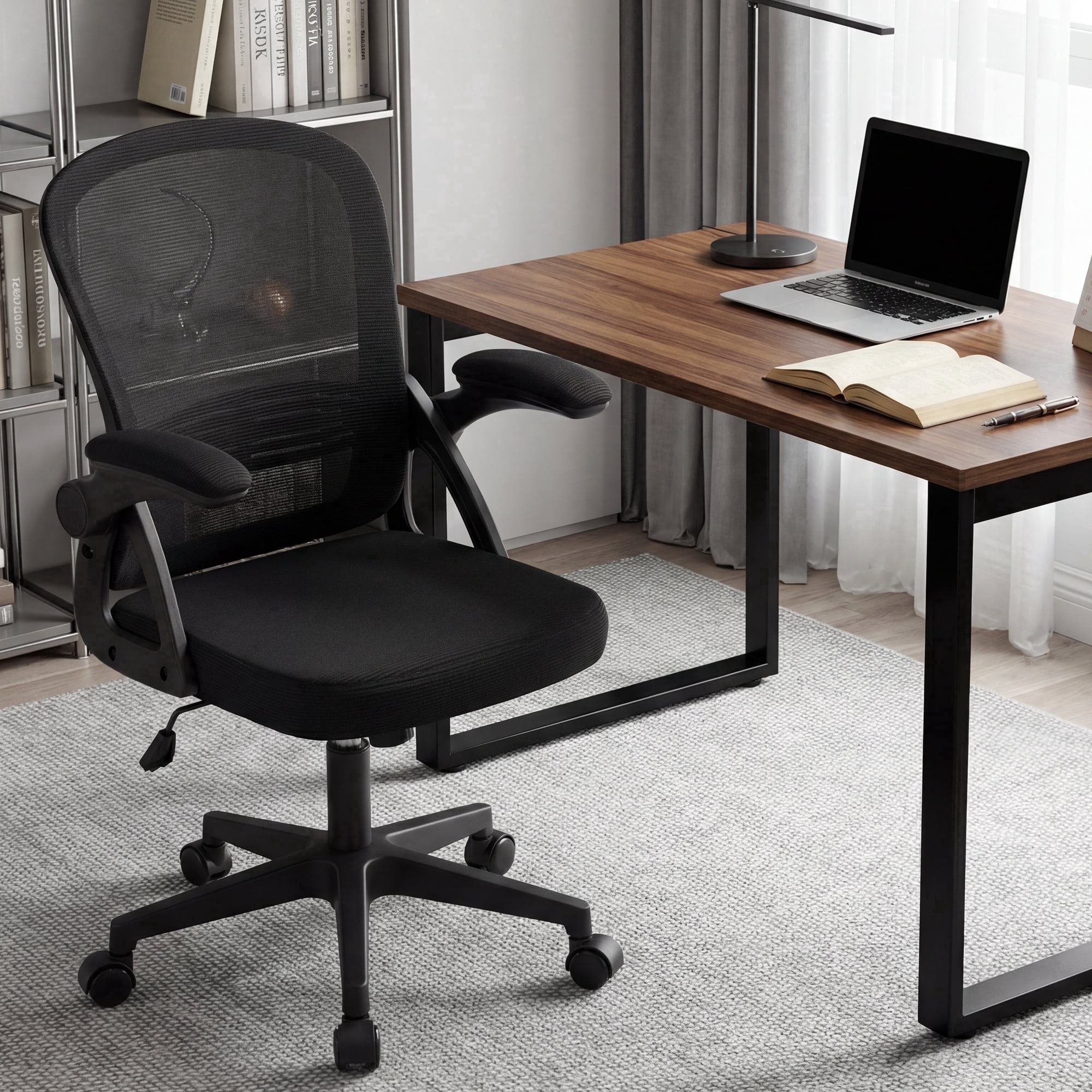 Ultifit Ergonomic Mesh Office Chair, Computer Desk Chair, Flip-Up Arms, Reclining, Rocking, Height Adjustment, Swivel, Black, 300 lbs
