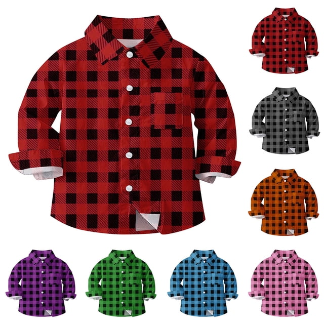 Tranfacy Plaid Button Up Shirts for Kids 6M-8 Years Chest Pocket School Uniform Style Long Sleeve