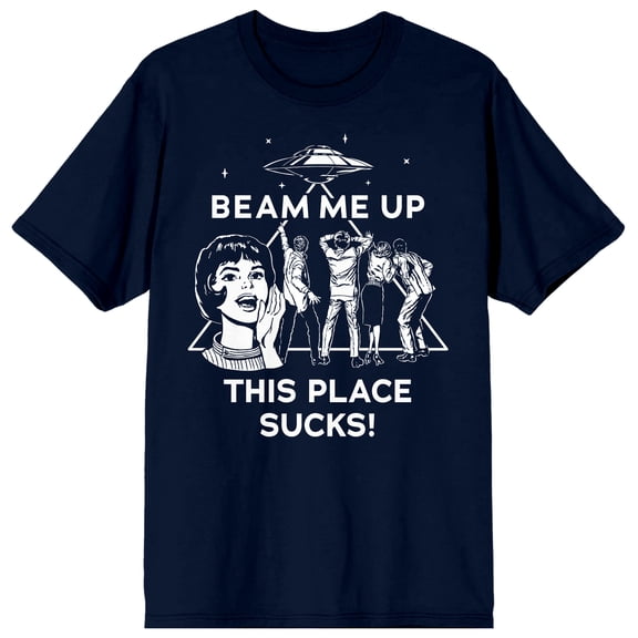 Stranger Things 5 Beam Me Up This Place Sucks Adult Navy Crew Neck Short Sleeve T-shirt - XL