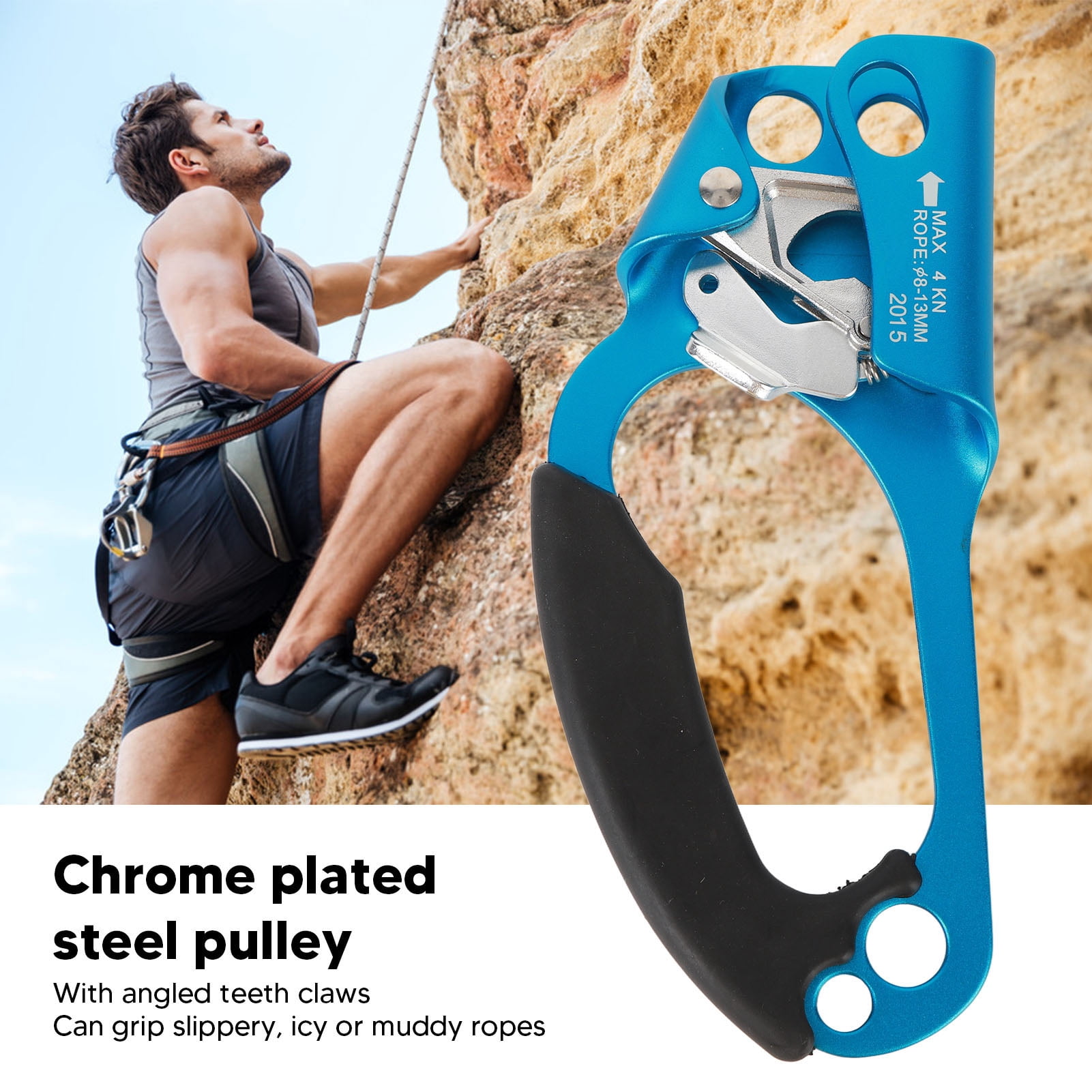 YAHHU Left Hand Climbing Ascender Device, Ergonomic Aluminum Magnesium Alloy Rope Ascender for Rock Tree Climbing Rappelling, Blue (8.66 inches / 22 cm)