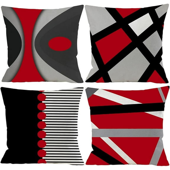 Black Red Decorative Throw Pillow Covers for Sofa, Living Room Pillow Cases for Couch Red Black,Outdoor Linen Geometric Square Cushion Covers with Zipper for Home Front Porch Bedroom Decor 20x20