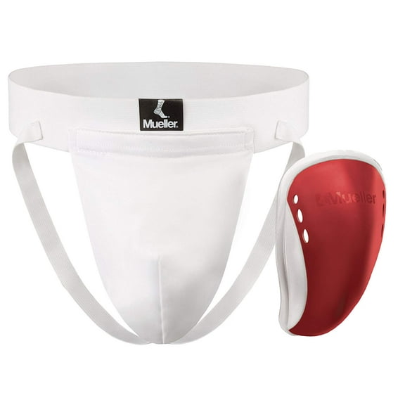 Mueller Athletic Supporter with Flex Shield Cup, White/Red, Teen Small