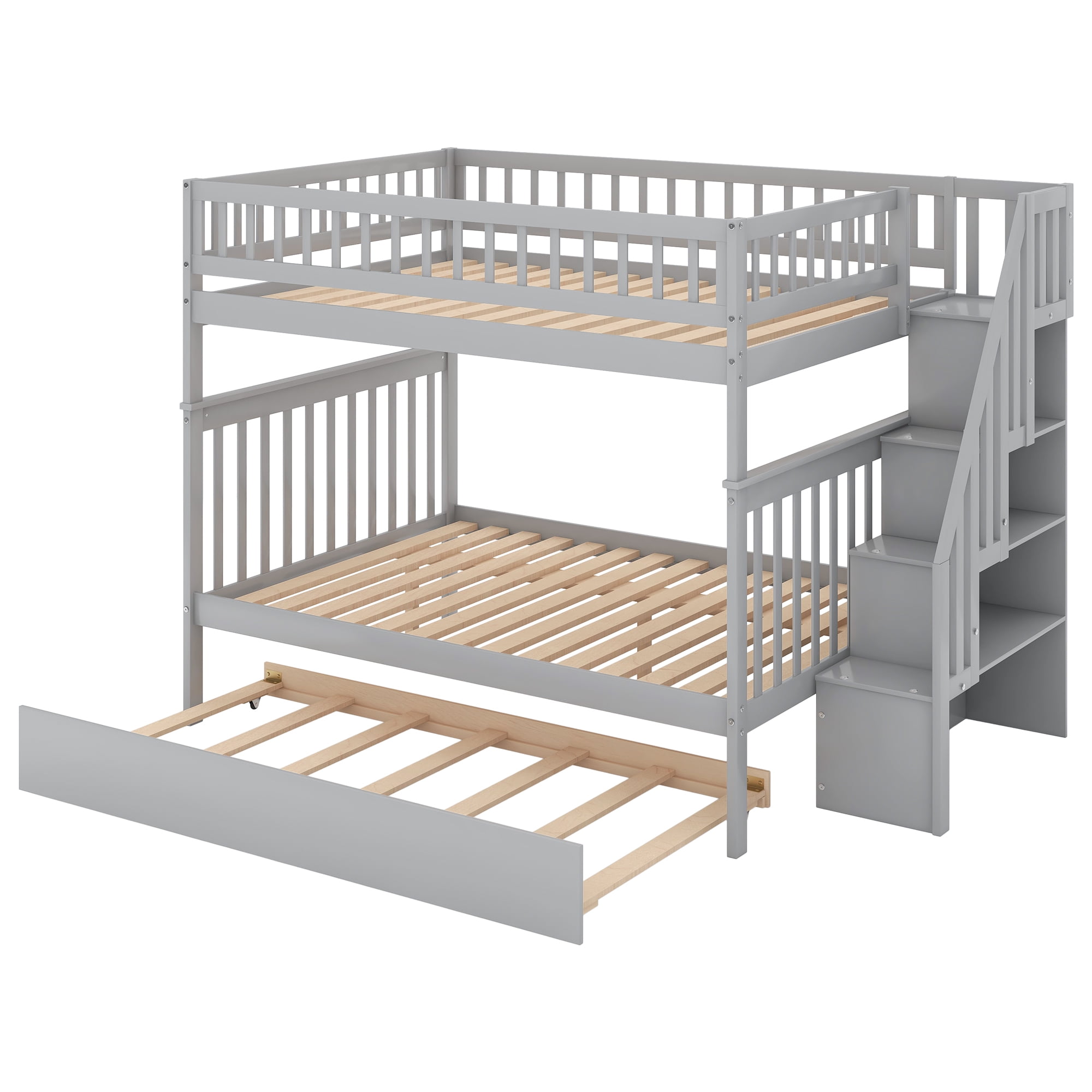 EUROCO Full over Full Bunk Bed with Twin Trundle Bed and Storage Shelves for Kids, Three Beds with Storage for Kids Teens Adults, Gray