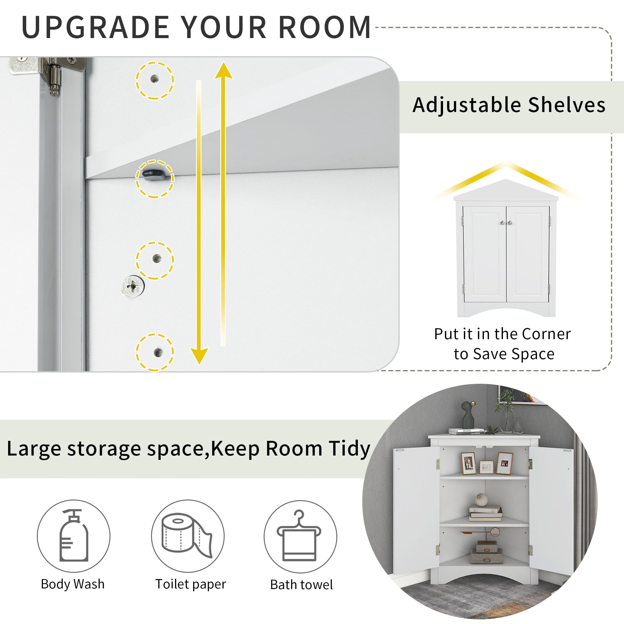 Bathroom Corner Organizer Cabinet, Home Triangle Bathroom Storage Cabinet with Adjustable Shelves, Heavy Duty Wood Freestanding Floor Cabinet for Kitchen Entryway, Small Bathroom Cabinet, White