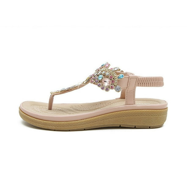 EINCcm Women s Sandals Women s Shoes Bohemian Colored Diamonds Low heeled Casual Comfortable Wear resistant Sandals Pink 36