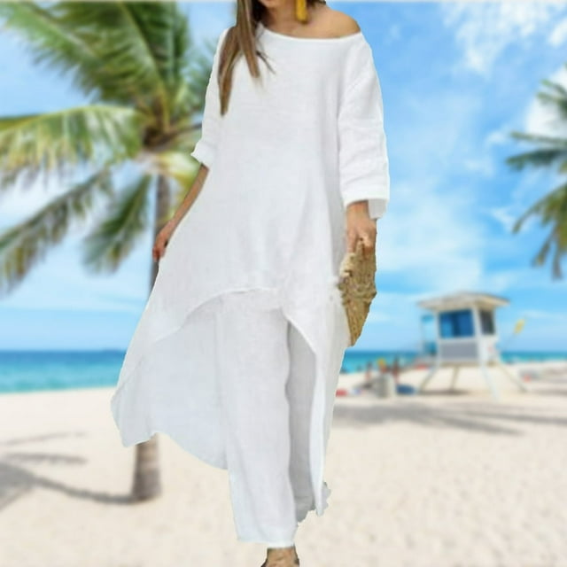 Haut à Manches Longues+pantalon Femme Coton Lin Ensemble de Survêtement 2 Pcs