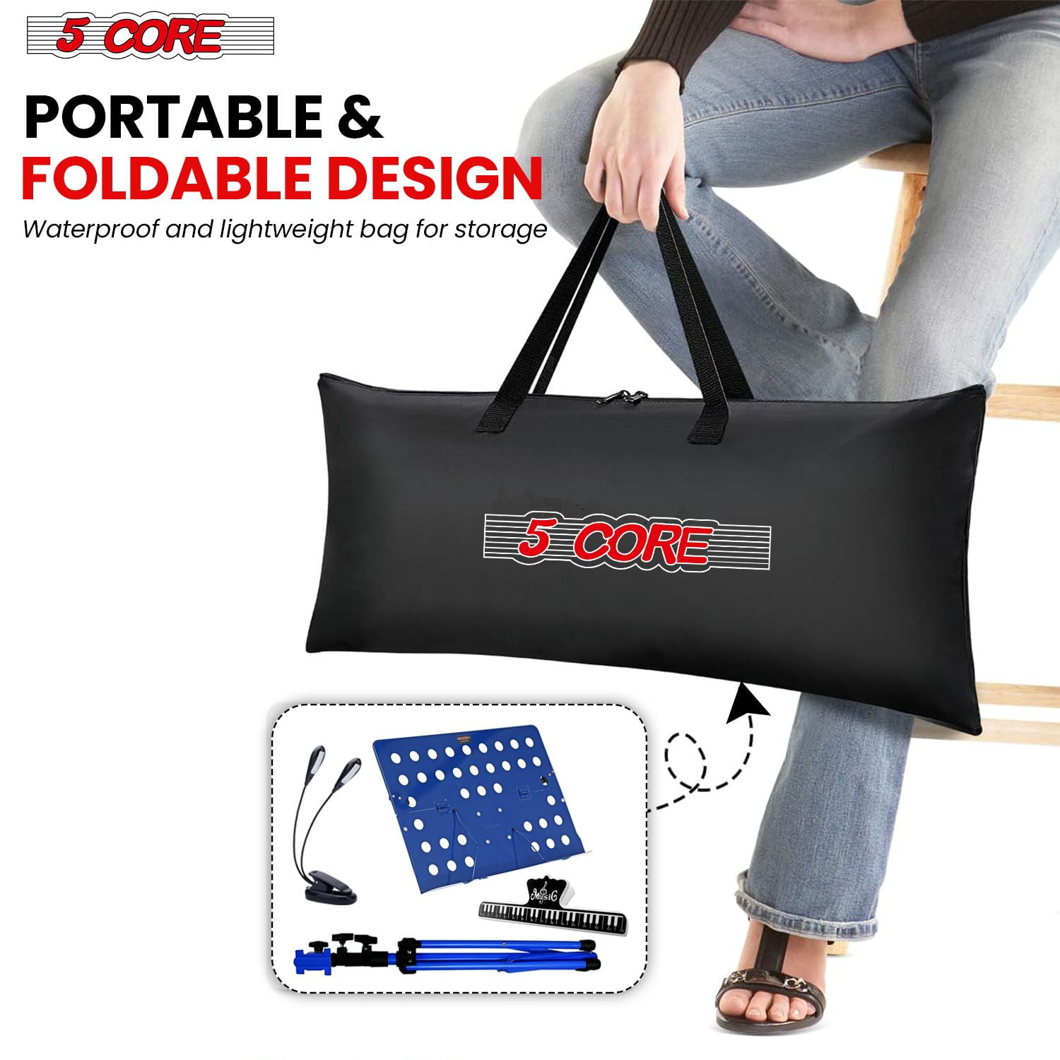 Music Stand For Sheet Music Height Adjustable Portable Folding Atril Para Partituras w Light Clip for Guitar Players Violinists Cellists Pianists - MUS FLD HD ACC BLU