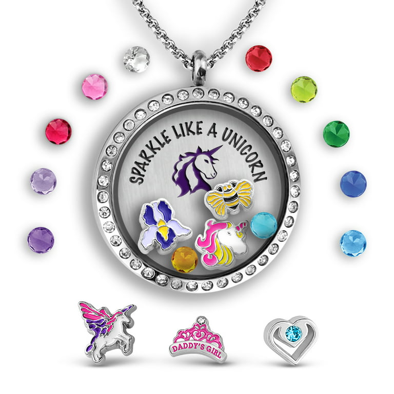 Unicorn Necklace for Girls Sparkle Like A Unicorn Floating Charms Unicorn Locket Necklace | Pink Unicorn Jewelry for Girls | Unicorn Gifts for Women