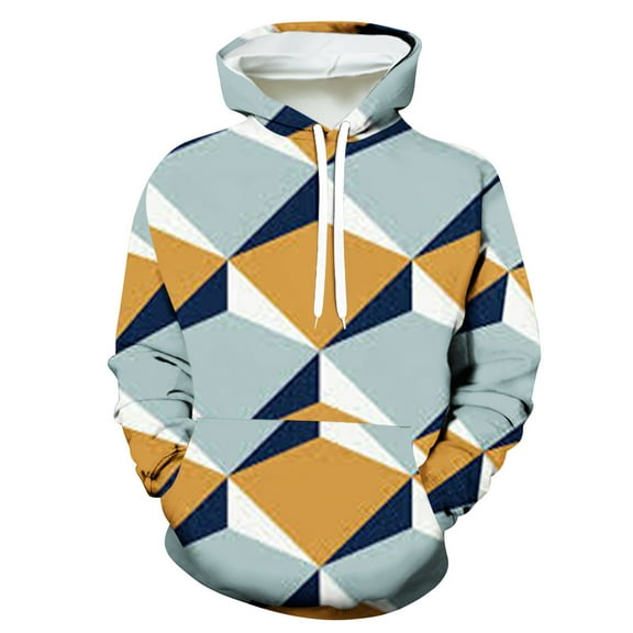 Drawstring Hoodie for Men 3D Geometric Print Pullover Cozy Fit Hooded Sweatshirt Crewneck Long Sleeve Tops (XL, Light Blue)