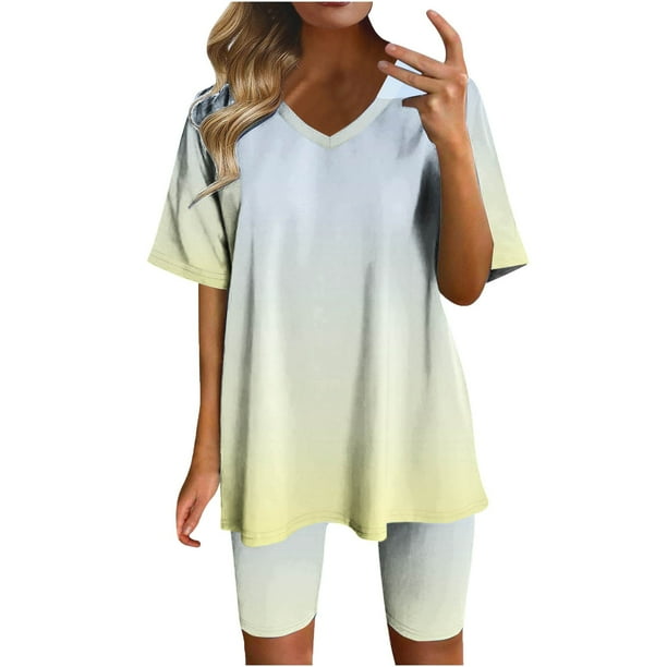 Blusas para las Mujeres Casual, Cuello en V de Manga Corta Impresa Superior Y Suelto Pantalones Cortos, Conjuntos de Moda de Verano