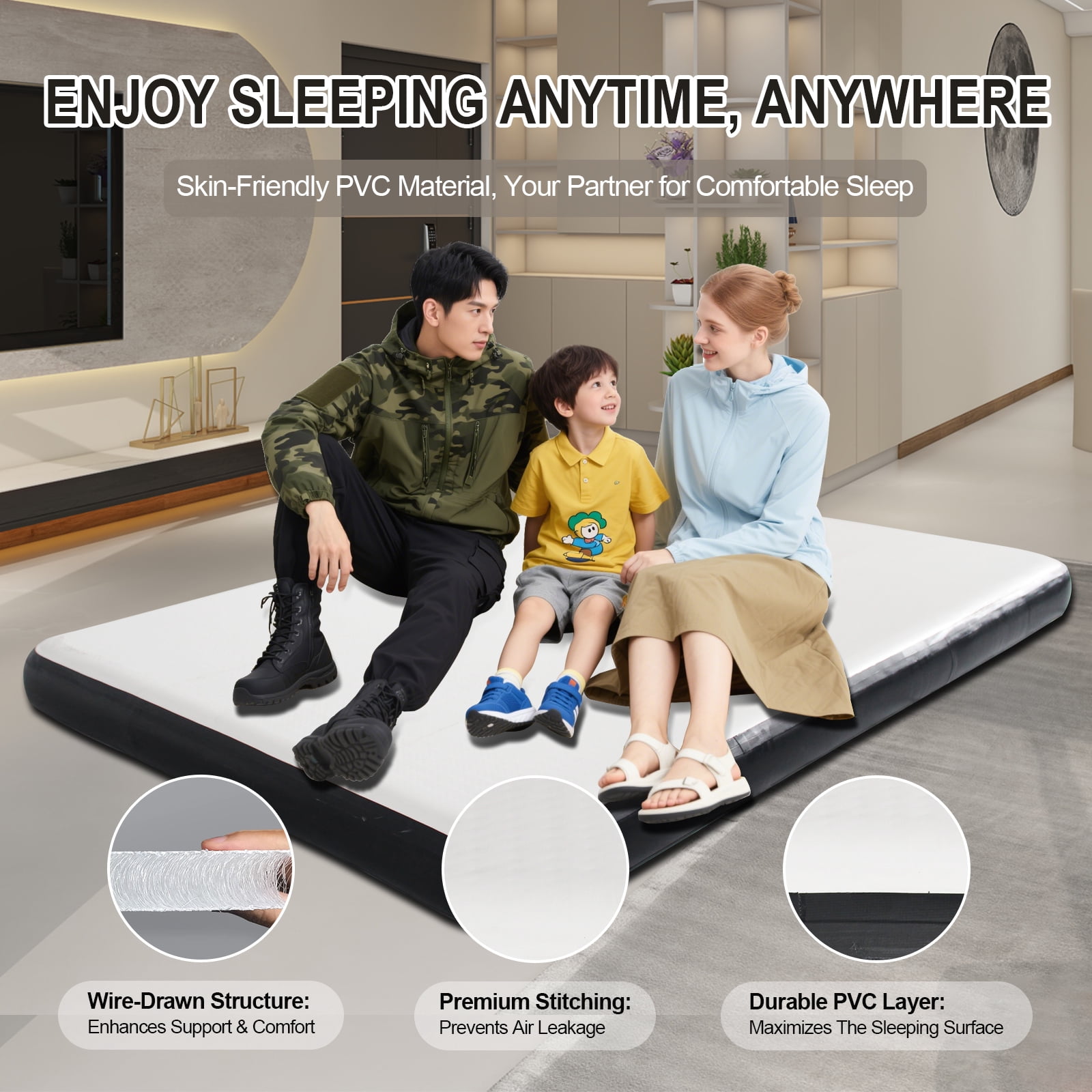 OZVMZQ King Size Inflatable Air Bed Mattress, 6'' Elevated Pad, with Pump, White, Hypo-Allergenic, Portable, Outdoor Camping Mat