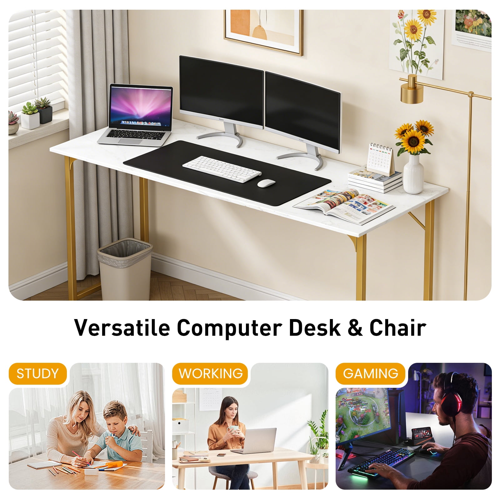 Dkelincs 47 inch Computer Desk and Chair Set Home Office Modern Wood Study Desk & Mesh Ergonomic Height Adjustable Office Chair for Small Spaces, Gold & Black