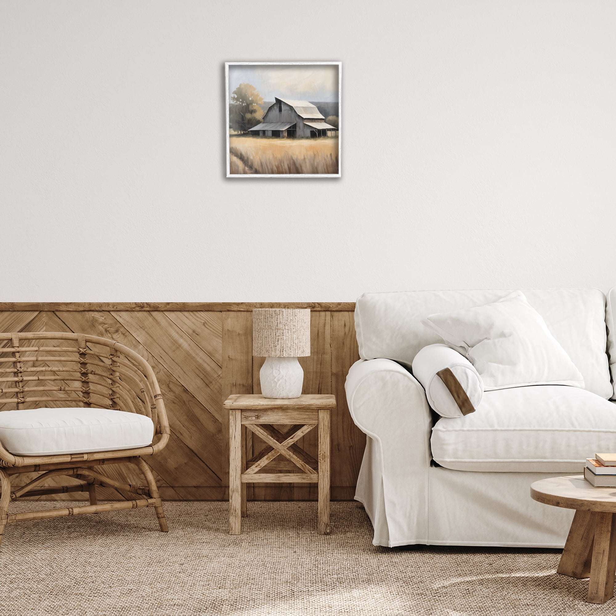 Stupell Industries Peaceful Barn in Field Landscape Painting White Framed Art Print Wall Art, 17 x 17