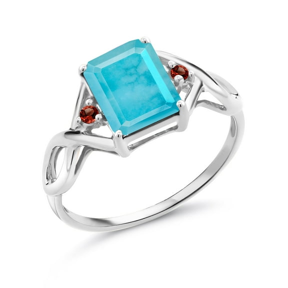 Gem Stone King 1.90 Ct Emerald Cut Green Turquoise Red Garnet 925 Sterling Silver Ring (Size 8)