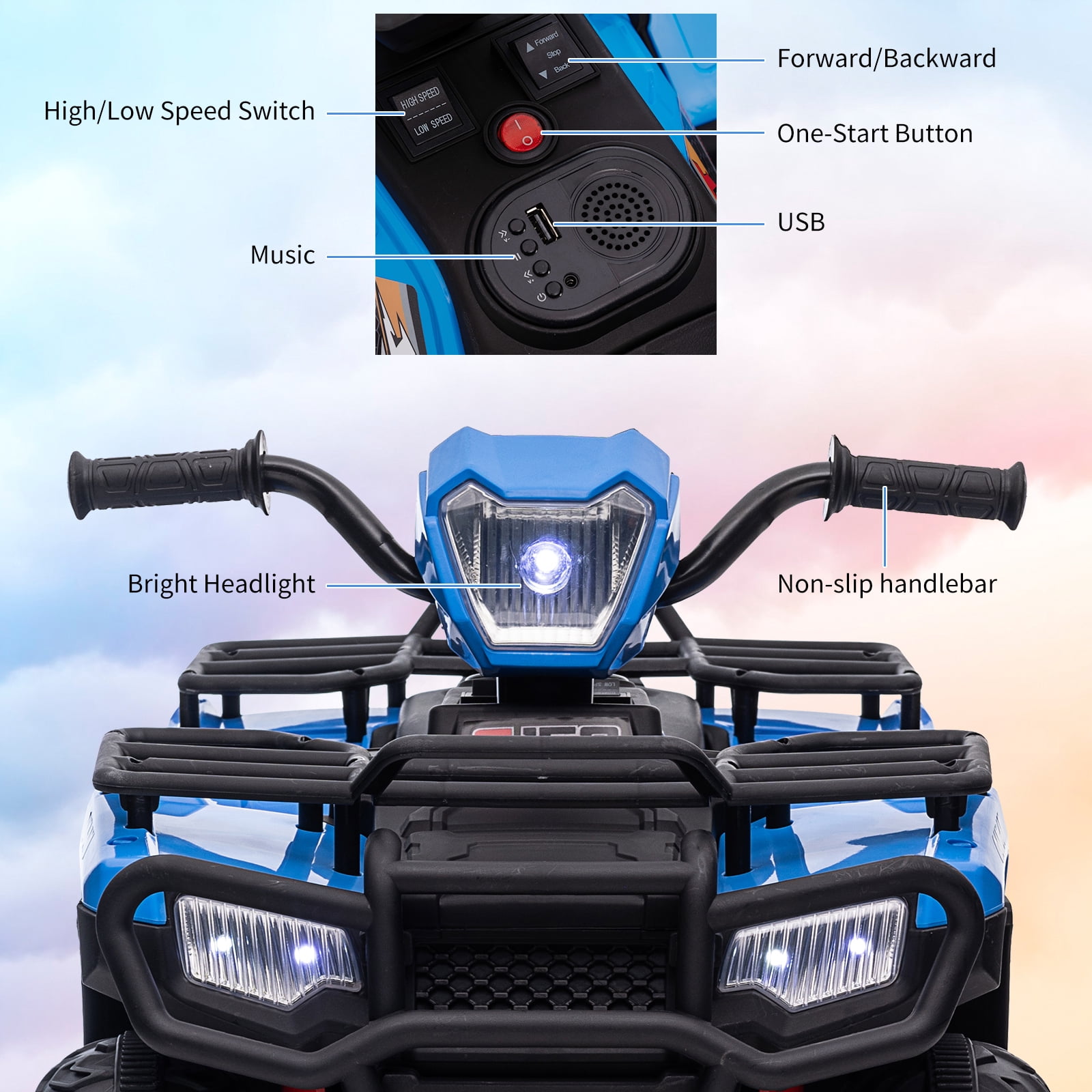 Accreate 12V Kids Ride on ATV, Battery-Operated 4 Wheeler for Ages 3-6 with Led Lights, High/Low Speed Settings, Music, USB Connectivity, forward & Backward Motion - Ride-On Quad for Boys&Girls