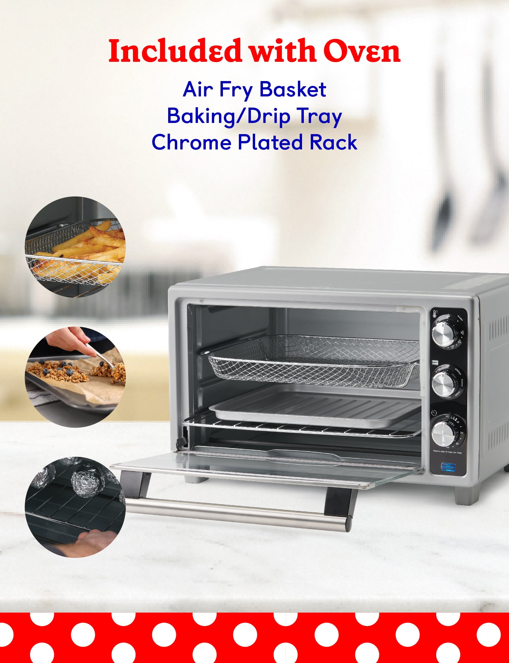 Betty Crocker Air Fryer Convection Toaster Oven, Multifunction 6-Slice Toaster and Air Fryer Oven, 0.8 Cu. Ft. 6 Slice Capacity AirFryer Toaster Oven Combo, 7 Function Convection Oven, Silver