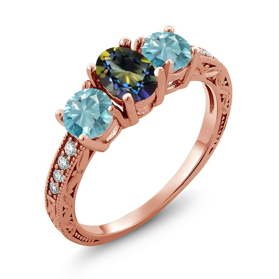 Gem Stone King 2.77 Ct Oval Blue Mystic Topaz Blue Zircon 18K Rose Gold Plated Silver Moissanite Ring (Size 8)