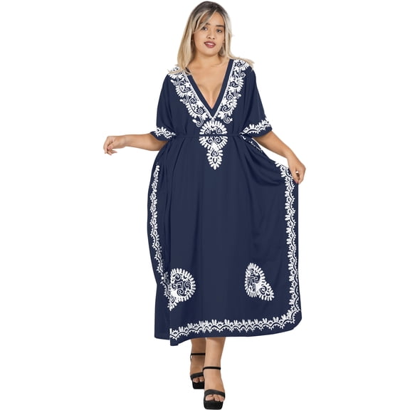 HAPPY BAY Women's Summer Loungewear Plus Size Caftan Maxi Mumu Slit Dresses 3X-4X Navy, Floral