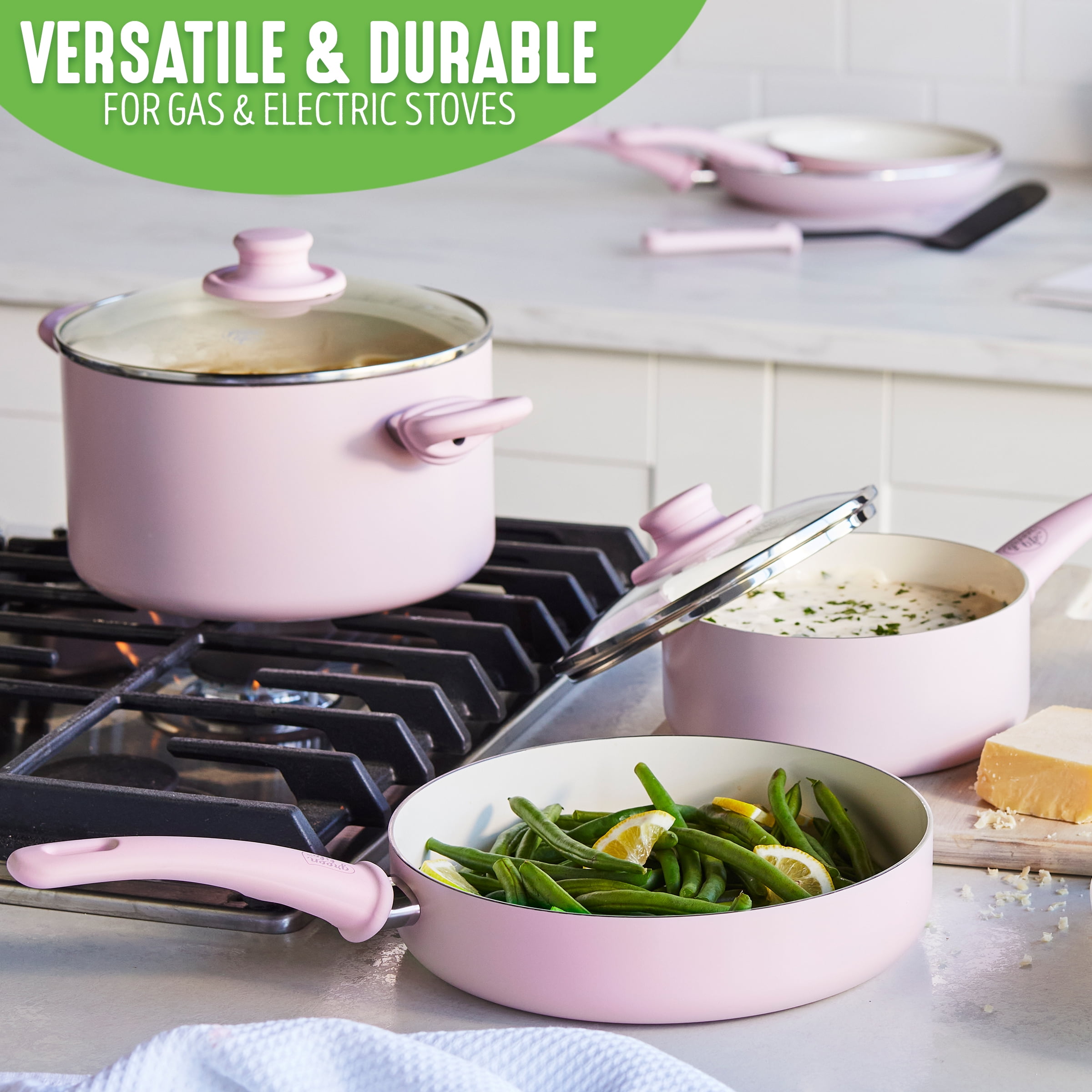 GreenLife Diamond Healthy Ceramic Nonstick, Cookware Pots and Pans Set, 14  piece, Pink 