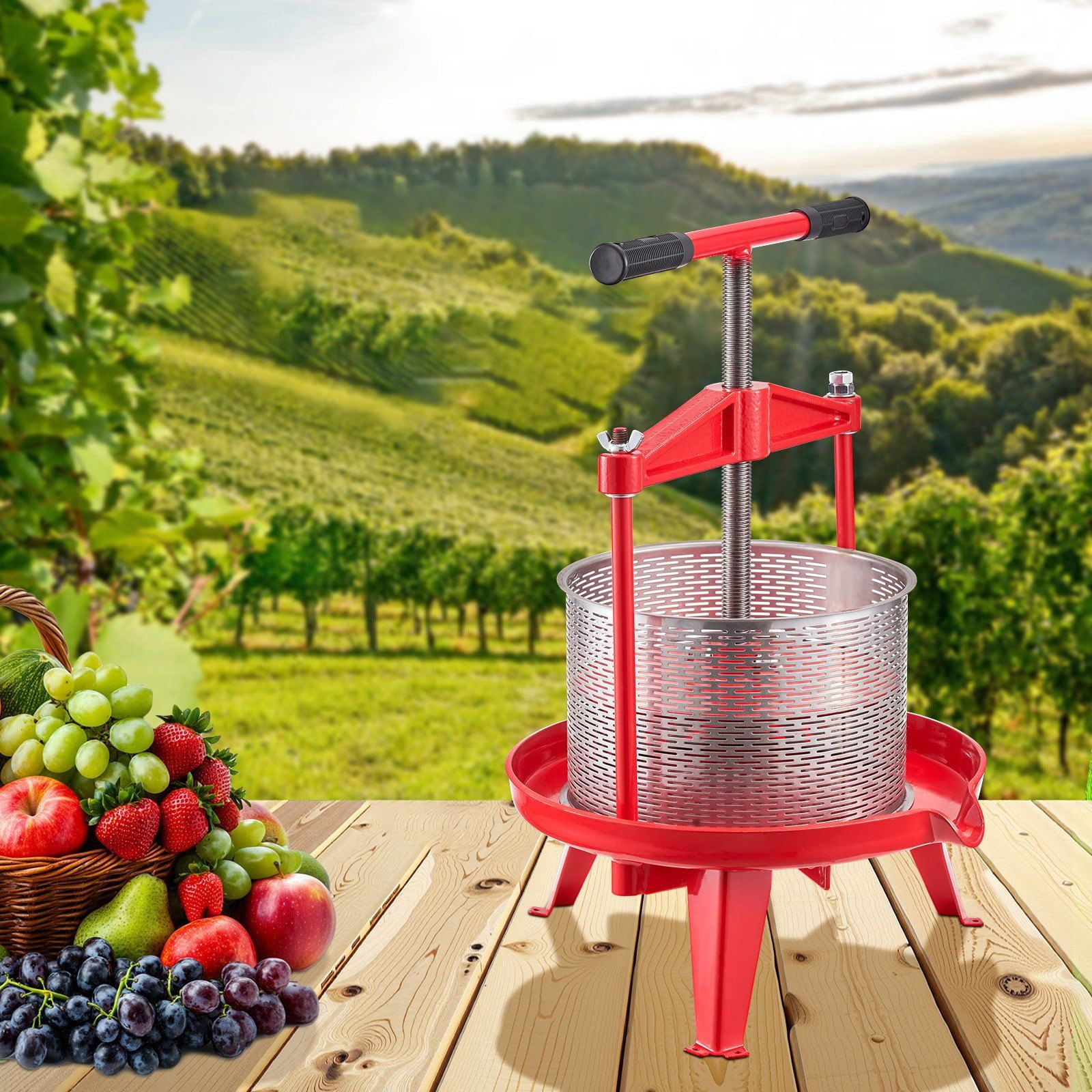 Manual Fruit Wine Press for Wine Making, 2.38 Gal/9L Stainless Steel Juice Extractor with Cast Iron Crossbeam, Large Capacity, T-Handle Spiral Press, Removable Basket, Ideal for Home, Farm, or Winery