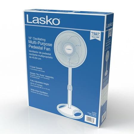 Lasko 16 Oscillating 3-Speed Pedestal Fan with Adjustable Height, 47 H, White, S16200, New