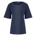 thumbnail image 3 of Scyoekwg Solid Color Cotton Linen Plus Size Tops for Women Summer Casual Buttons Round Neck Roll Up Short Sleeve T Shirts Loose Fit Blouse #A=Navy M, 3 of 5