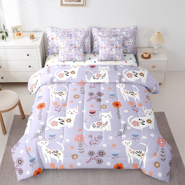 Erosebridal Ensembles de Literie Kawaii Chat Format Simple, Ensembles de Douillette Animal de Dessin Animé avec Draps, Décoratif pour Chambre d'Enfants, Réversible, Respirant, 7 Pcs