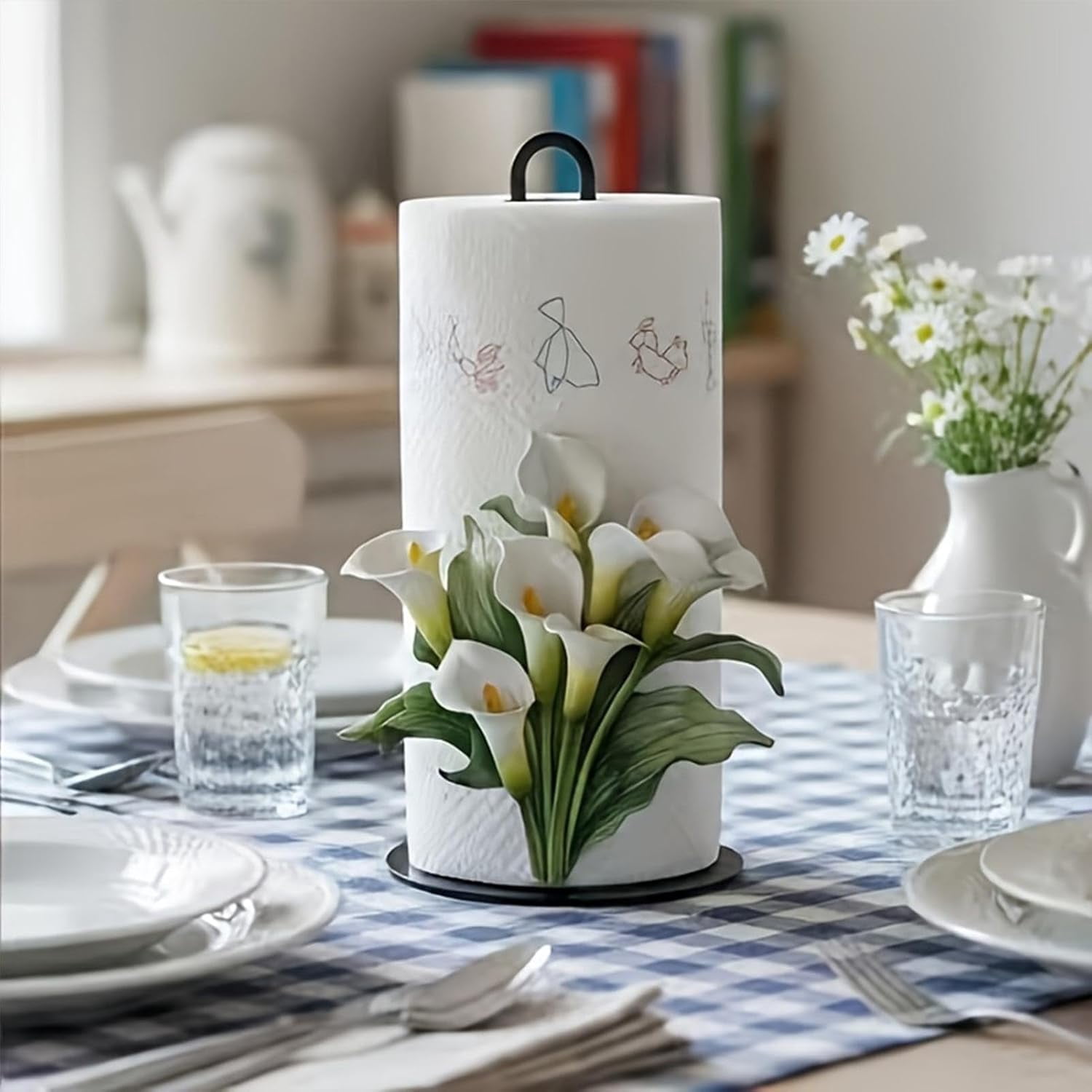 Decorative Paper Towel Holder with Flower Pattern – Freestanding Tissue Roll Rack for Home, Kitchen, Bathroom, or Office