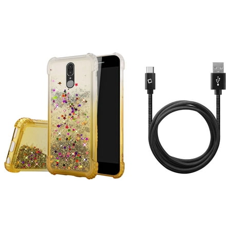 Bemz Glitter Series Compatible with Coolpad Legacy (2019) Case with Slim Flowing Liquid Quicksand Waterfall Two-Tone Cover (Gold/Stars), Extra Long Heavy Duty USB Type-C Sync Charger Cable (10