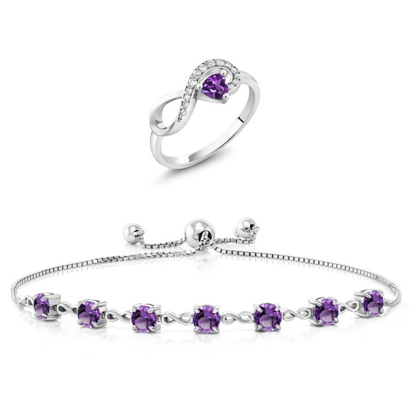 Gem Stone King 925 Sterling Silver Purple Amethyst Ring and Bracelet Jewelry Set for Women | 2.73 Cttw | Gemstone February Birthstone | Heart Shape 4MM | Round 4.5MM | Size 9