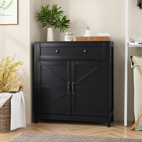 YIYADO Farmhouse Storage Cabinet with 2 Doors, Black Kitchen Cabinets with Walnut Countertops, Freestanding Floor Standing Storage Cabinets Kitchen Cabinets