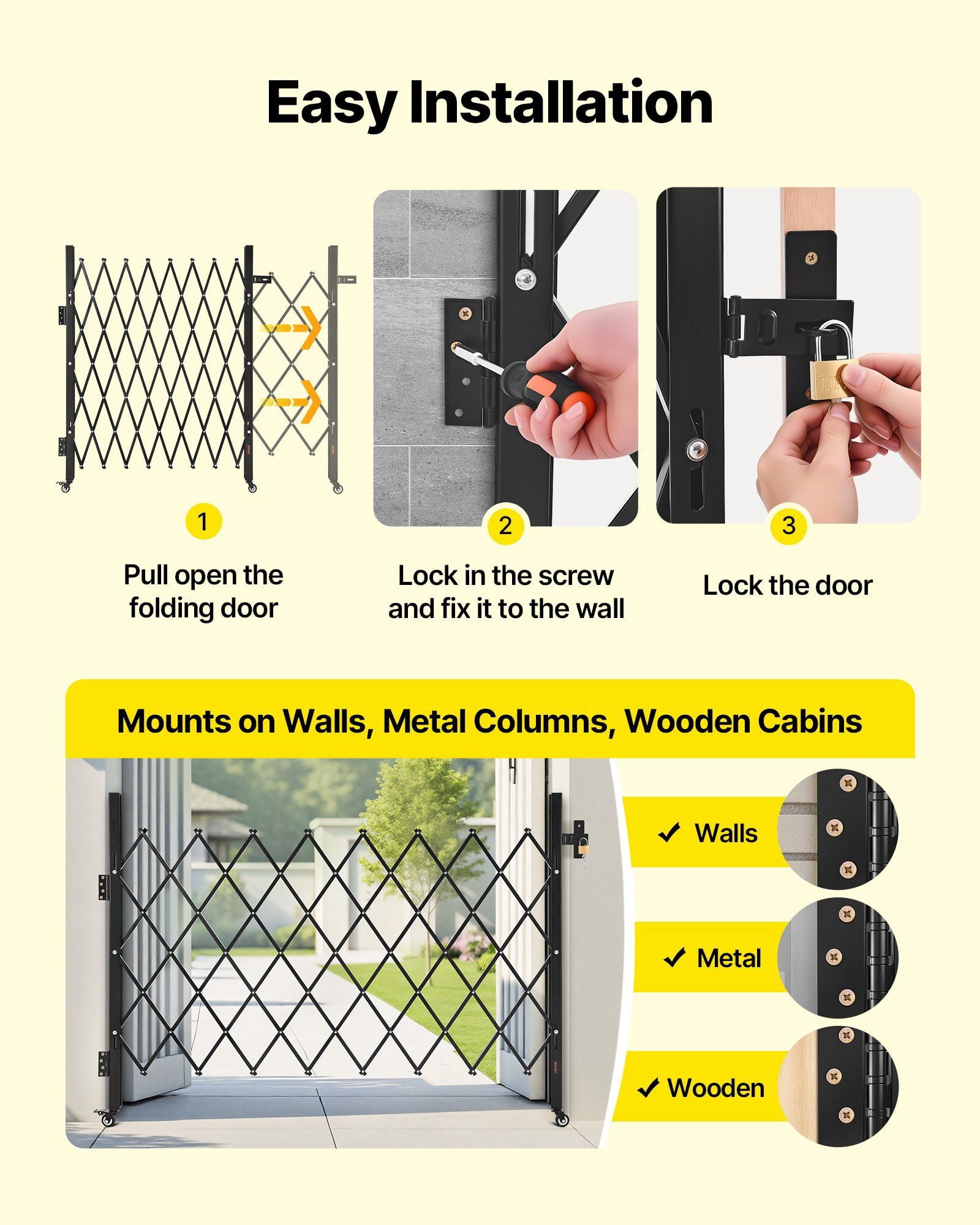 Lockable Retract Gate w/ Wheels 67x52" - Driveway/Pool Safety