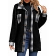 thumbnail image 2 of Shackets for Women Fleece Button Down Plaid Long Coat Lapel Hooded Fleece Lined Jacket Fashion Color Block Tops Black S, 2 of 7