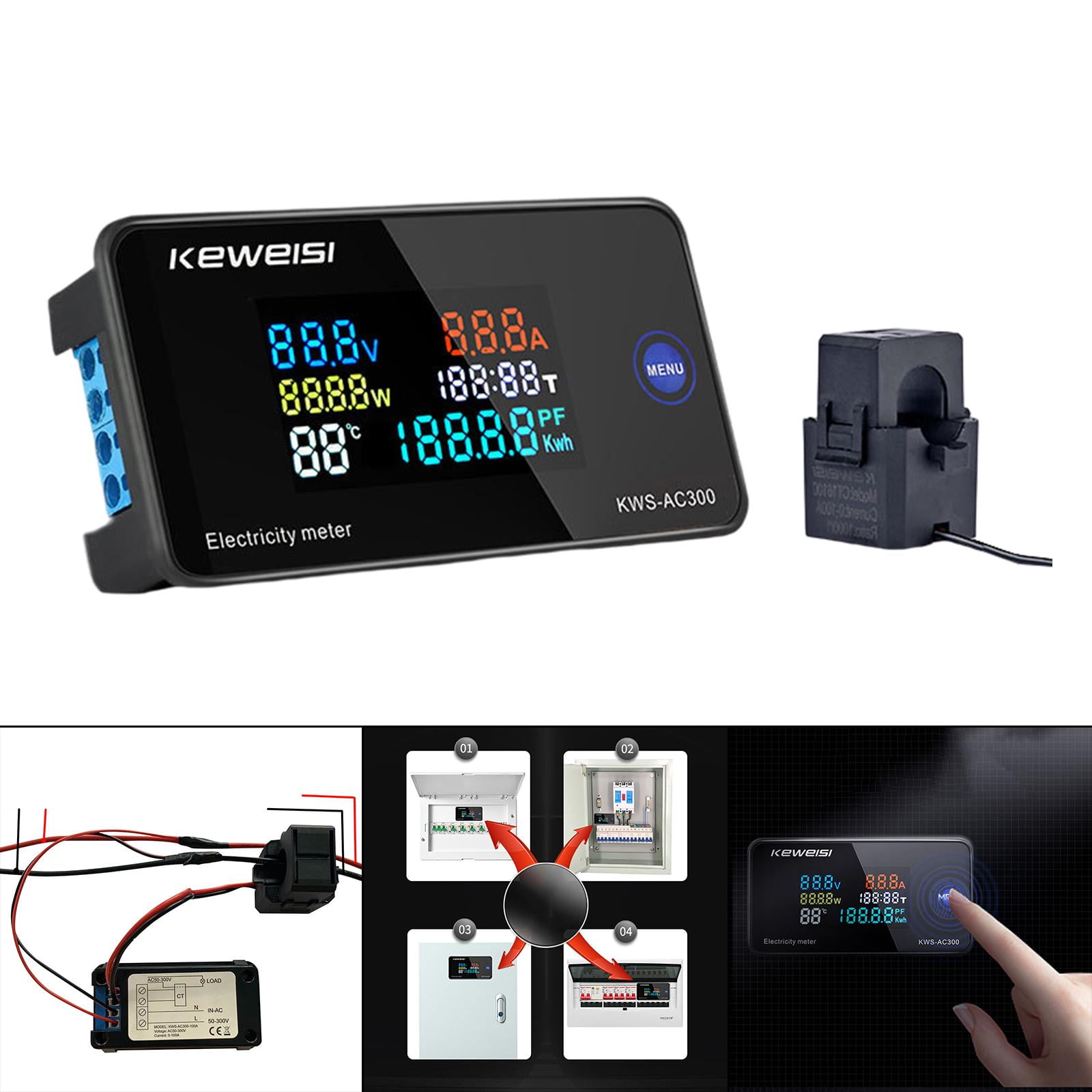 multifunctional 100A Electricity Meter with Display Digital Ampermeter Power Voltmeter Ammeter Watt Temperature Multimeter Usage Monitor open
