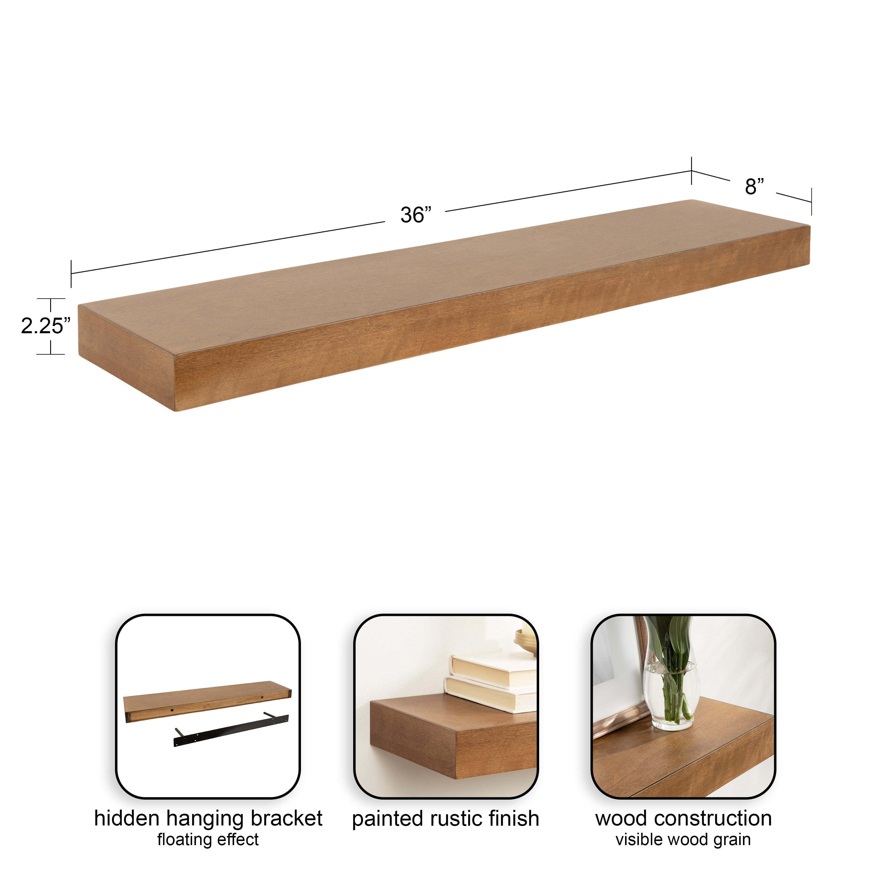 Kate and Laurel Havlock Modern Natural Floating Shelf, 36 x 8, Rustic Wood, Functional Bathroom and Kitchen Shelf for Storage and Display